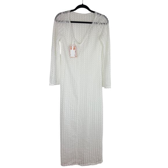 NWT Sunfere Womens Long Sleeve Open Knit Crochet Swimsuit White Cover-Up Dress - Picture 1 of 8